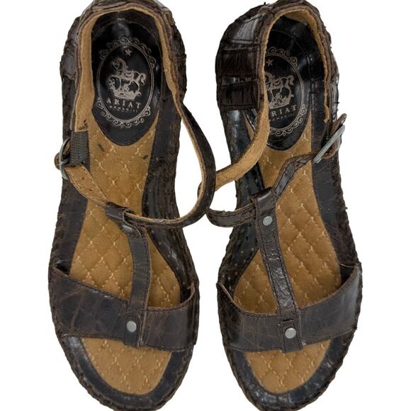 ARIAT SHALIMAR Brown Leather T-Strap Wedge Heel Buckle Sandals Women's 6.5 - Picture 4 of 5